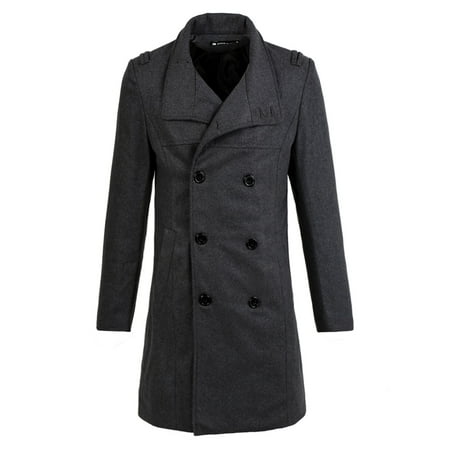 - Unique Bargains Men's Slant Pockets Double Breasted Front Split Back Long Peacoat