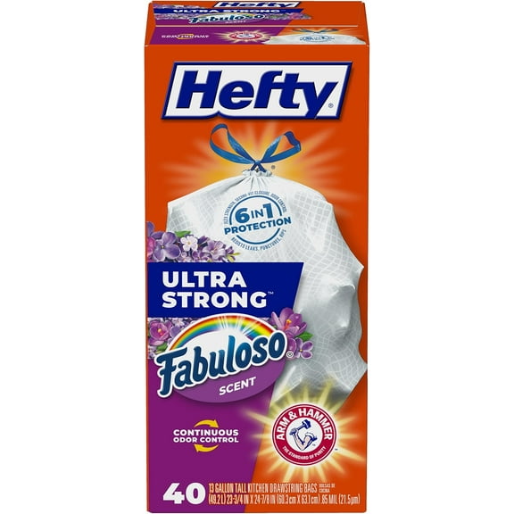 Hefty Ultra Strong 13 Gallon Trash Bags, Tall Kitchen Trash Bags 13 Gallon Size, Resist Leaks, Punctures, and Rips, Continuous Odor Control, White, Fabuloso Scent, 40 Ct. ( Pack of 2 )