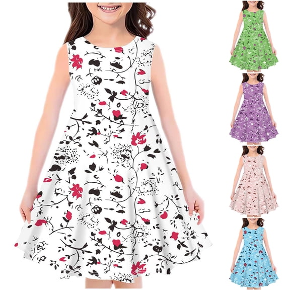 YHAJDS Kid Girl Dress Sleeveless Round Neck Floral Print Summer Beach Sundress