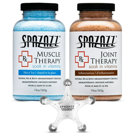 Spazazz Hot Tub Aromatherapy Spa and Bath Salts Crystals 2 Pack Bundle- One 19 Oz Jar Each Spazazz Muscle Therapy and Joint Therapy Plus a 5 Point Massager- Safe for All Spa and Hot Tub