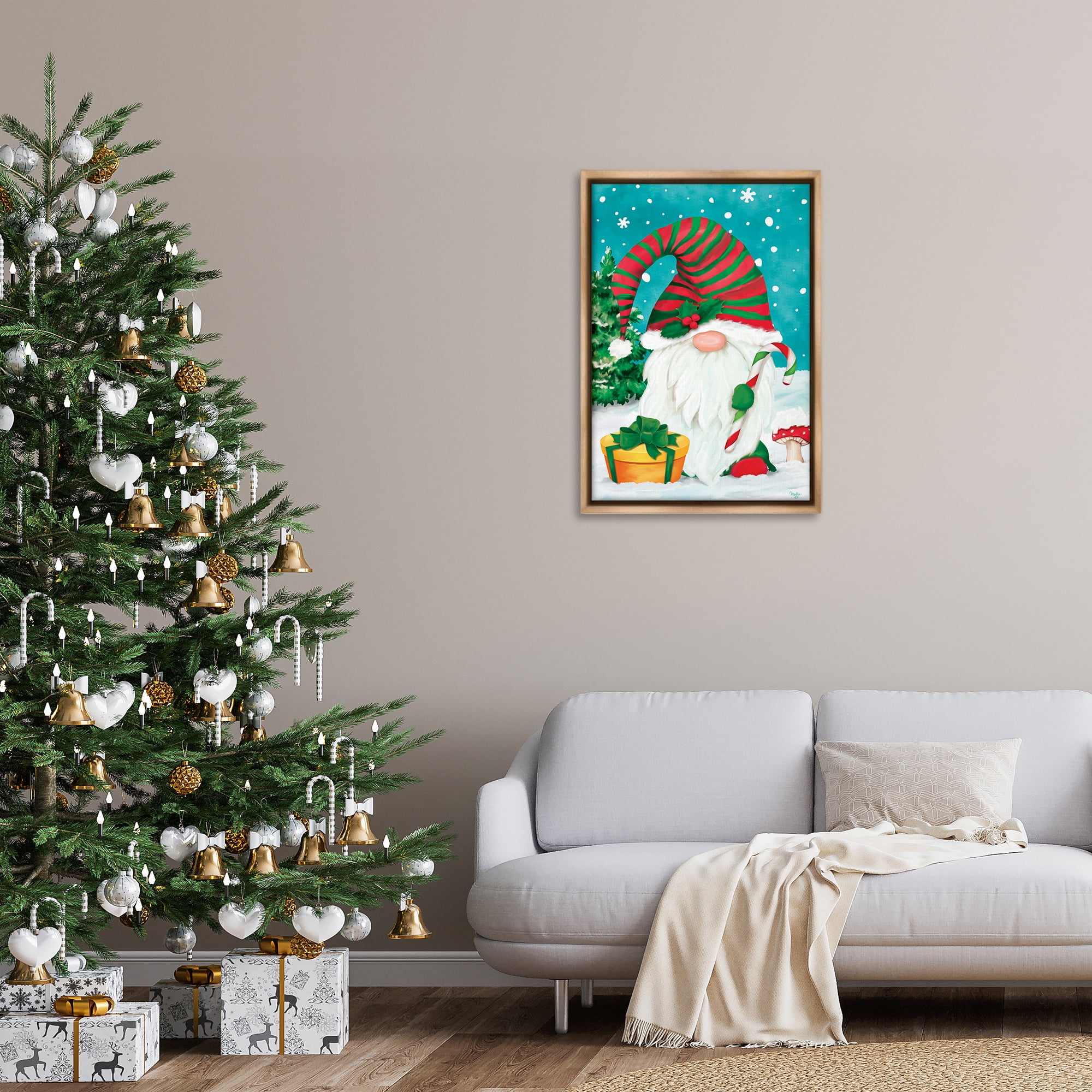 Stupell Industries Holiday Elf & Gifts Holiday Painting Brown Floater Framed Art Print Wall Art, 21 x 31