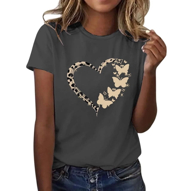 Flash Deal! T-Shirt à Manches Courtes Col Rond Imprimé Papillon Mode Décontractée pour Femmes en Solde Gris Foncé TTTG