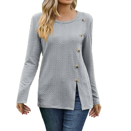 Fimkaul Women s Shirts Winter Fall Long Sleeve Casual Tops Round Neck Solid Button Split Top T-Shirts Grey XL