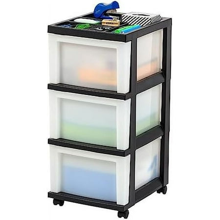 IRIS USA Plastic Drawer Storage Organizer Rolling Cart, 3-Drawers, for Classroom Art Craft Supplies Dresser Closet Bathroom Laundry Room, Black/Pearl