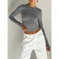 thumbnail image 2 of Women Basic Long Sleeve T Shirt Crew Neck Slim Fitted Crop Top Solid Y2k Going Out Tight Tees Tops with Thumb Holes, 2 of 6