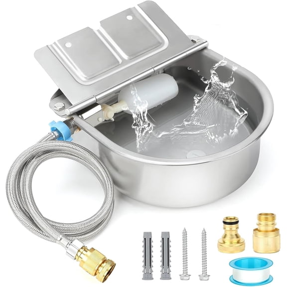 304 Stainless Steel Automatic Dog Water Bowl Dispenser with Drainage and Float Valves, Large Auto Fill Dog Waterer for Outdoor Big Dogs Livestock Poultry Horse Cow Goat Pig Chicken Duck Rabbit