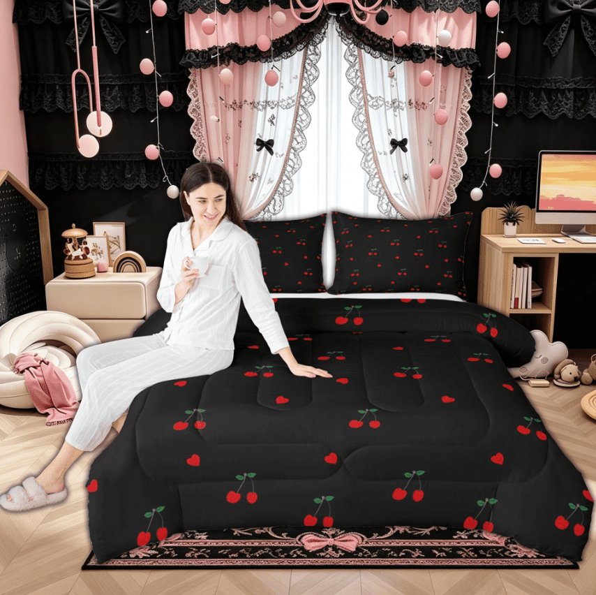 Manfei Kawaii Cute Cherry Full Size Comforter Sets for Kids Girls, Black Red Love Heart Bedding Comforter Set, Black Reversibles, 3pcs