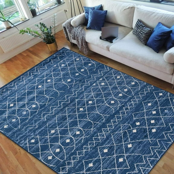 Moroccan Trellis/Diamond Pattern Area Rug- Blue/White