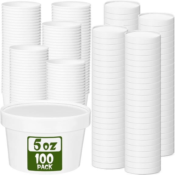 100  Paper Soup Containers with  Disposable Paper  Containers with Vented Lid  Ice  Cake Dessert Cups Soup Bowl for Hot  Fruit Microwave Restaurant(5 oz,White)