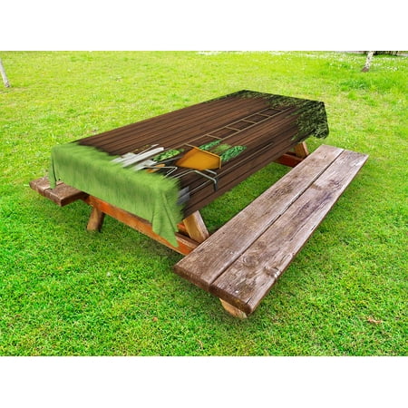 

Farmland Outdoor Tablecloth Gardening Material Tools on the Backyard with Shovel and Bucket Design Print Decorative Washable Fabric Picnic Tablecloth 58 X 120 Inches Green Brown by Ambesonne