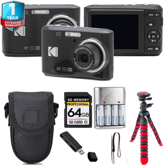 Kodak Pixpro FZ45 Camera (Black)   Tripod   1 Yr Warranty - 64GB Kit