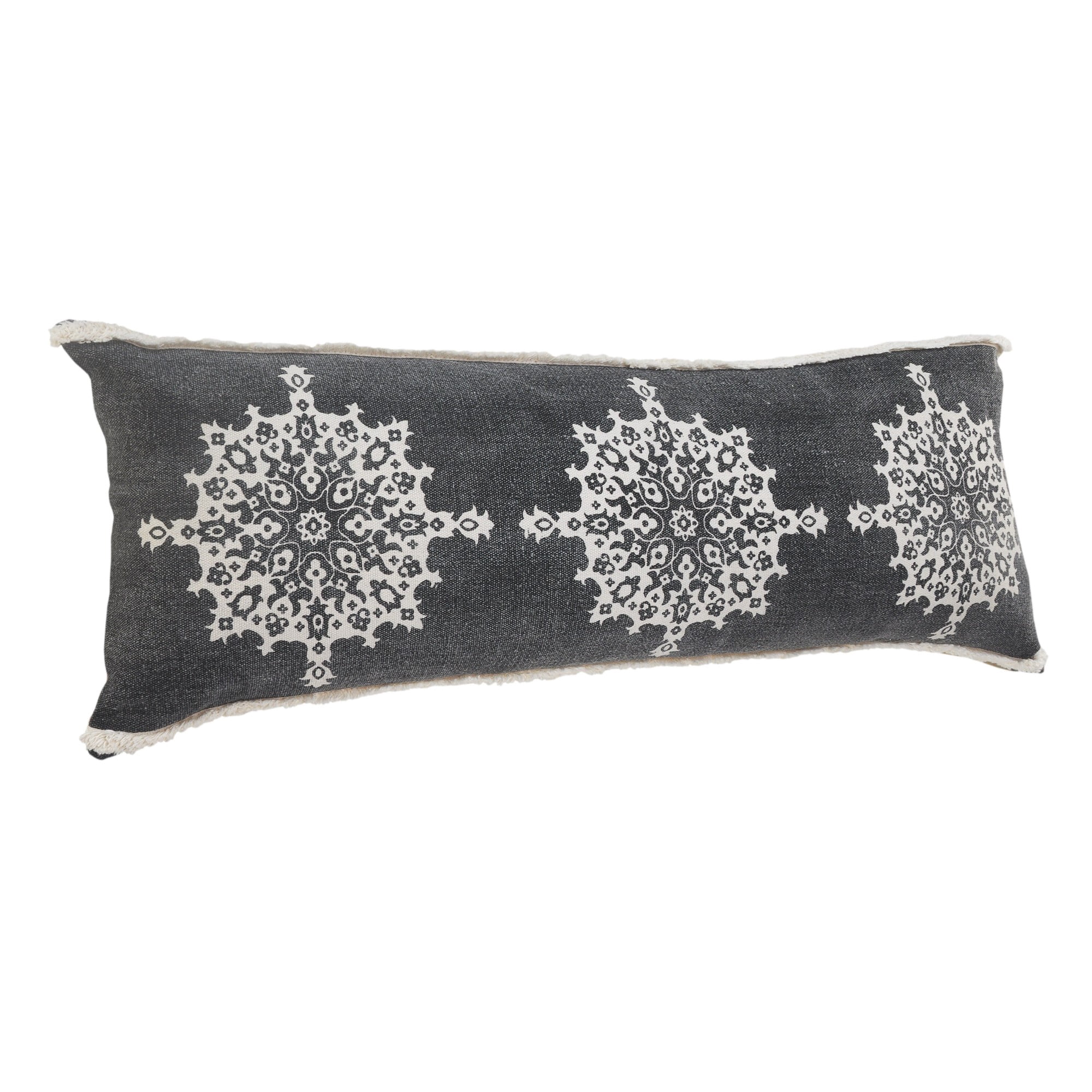 Laddha Home Designs Handwoven Medallion Cotton Lumbar Pillow Cover - 36" - Gray and White
