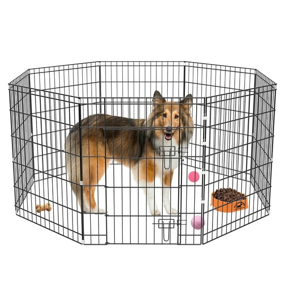 HiiKaa Dog Pen Indoor Outdoor-Foldable Metal Puppy Playpen with Door for Dogs,Cats or Small Animals,8 Panels 30in,Black