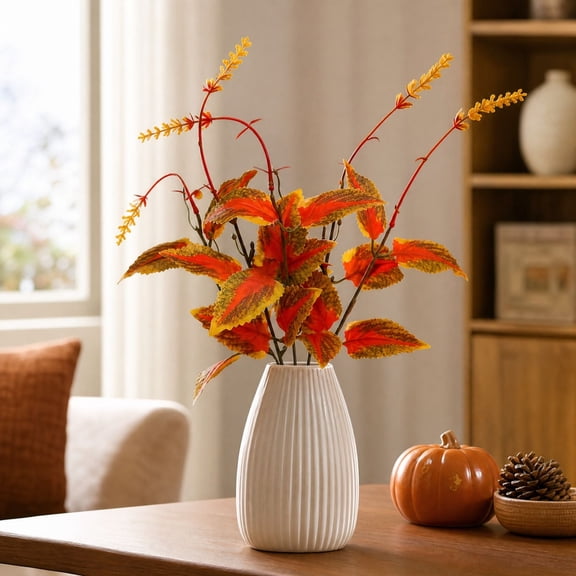 Cmafuca Artificial Coleus Foliage Stem 15.7 Inch Red Orange Fall Leaves Pick Thanksgiving Autumn Vase Centerpiece Home Table Decor