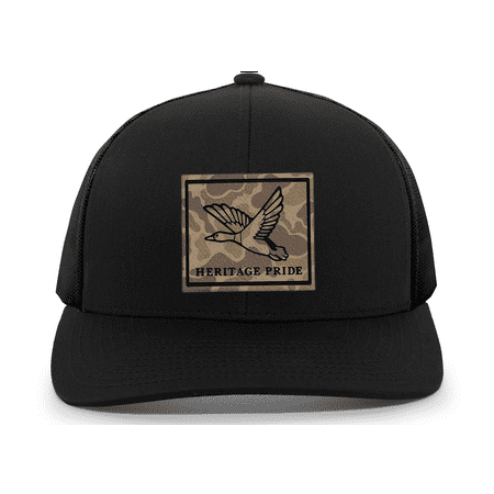 Heritage Pride Men s Hunting Trucker Hat - Simple Mallard Duck Engraved Camo Leather Patch Mesh Back Design Black/Black