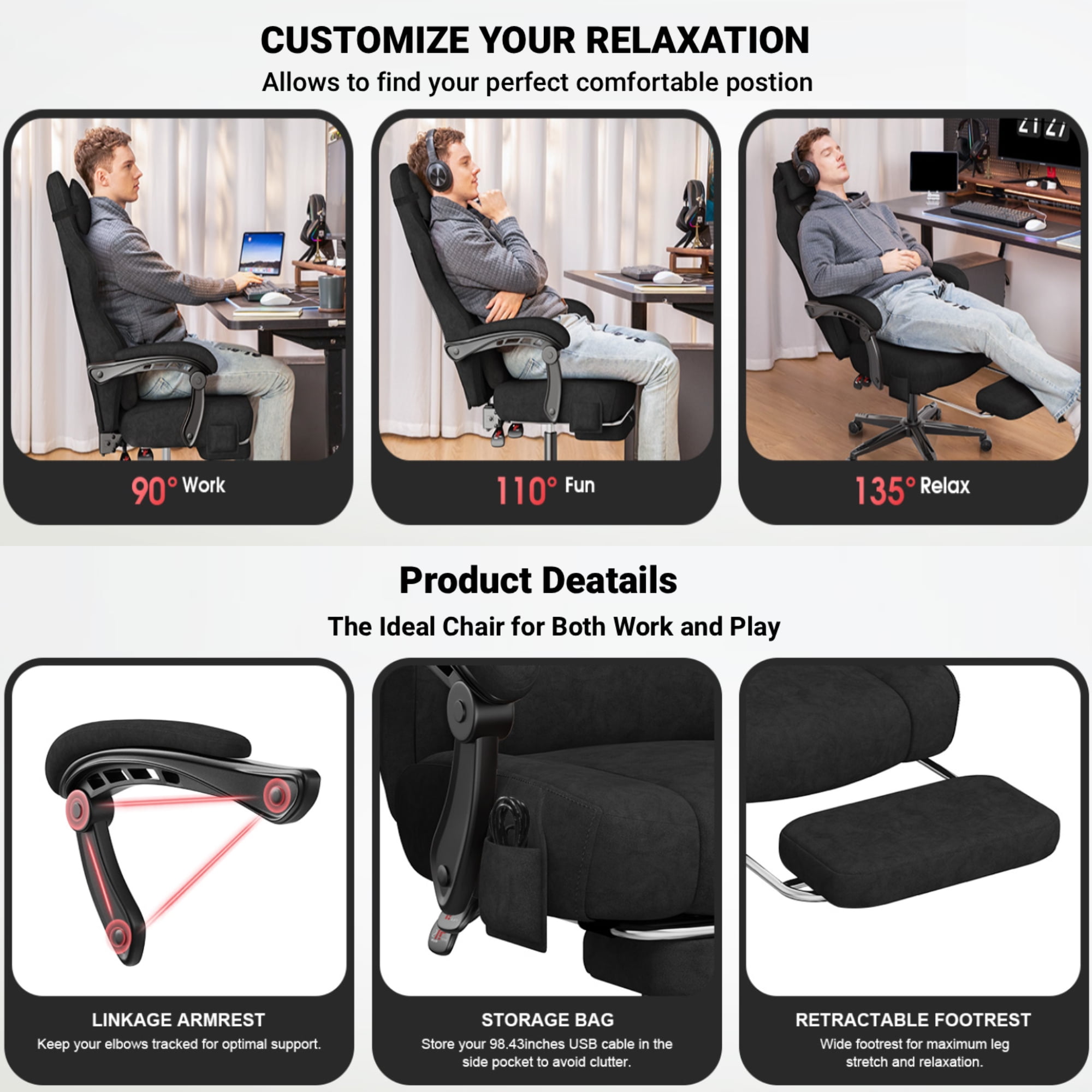 Gaming Chairs,Douxlife Heavy Duty Extra Large Gaming Chairs with Footrest and Breathable Fabric,Ergonomic Computer Chairs Office Chairs With 350LBS Load Bearing,Black