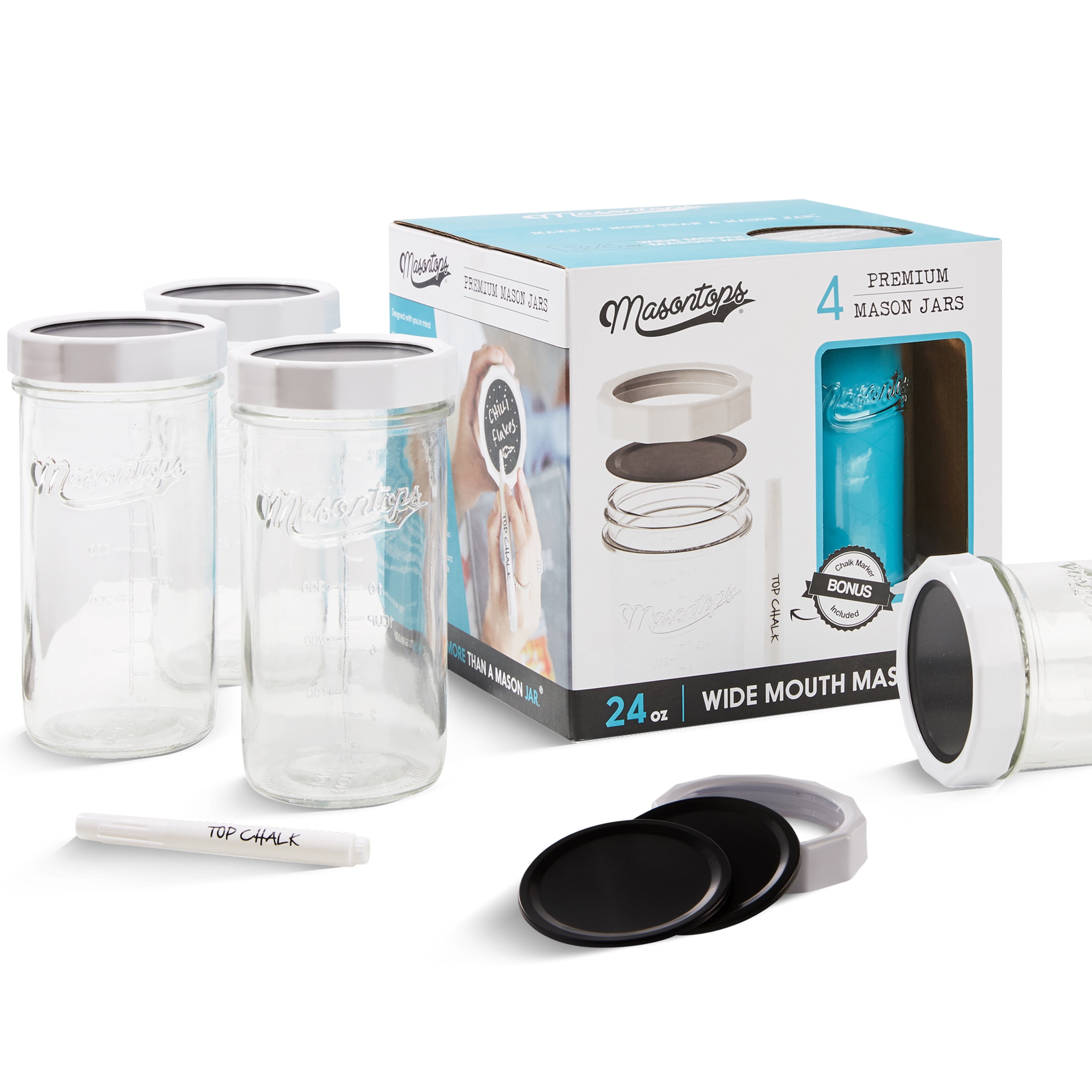 Masontops MultiUse Wide Mouth Mason Jars Large 24 Oz Jar Size 13