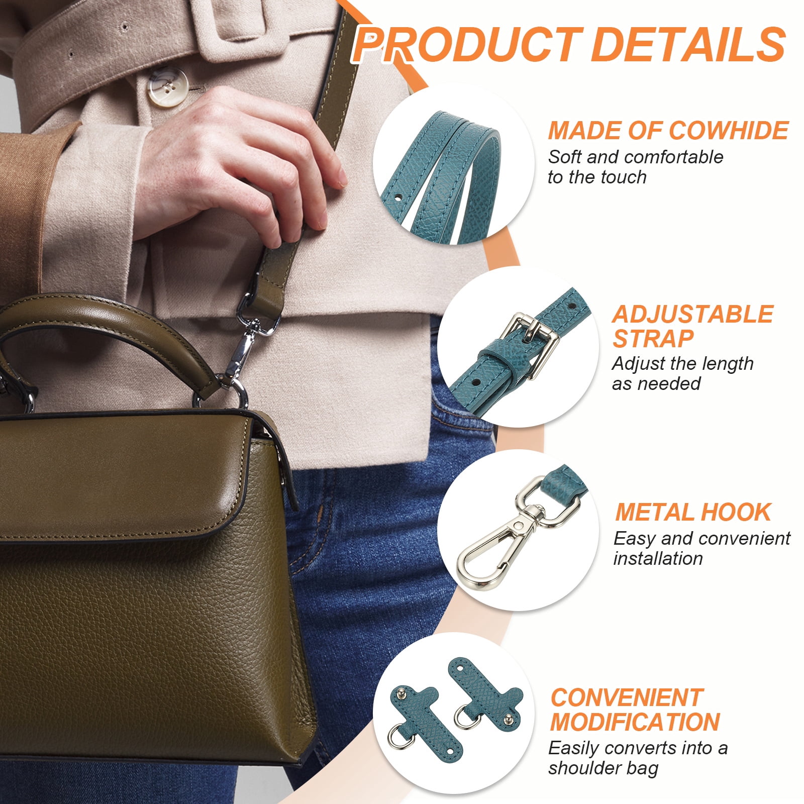 Leather Shoulder Strap, Adjustable Purse Straps Replacement Kit with Clasp for Handbag, Blue