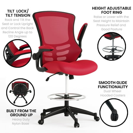 Flash Furniture - Mid-Back Mesh Ergonomic Drafting Chair with Adjustable Foot Ring and Flip-Up Arms - Red Mesh