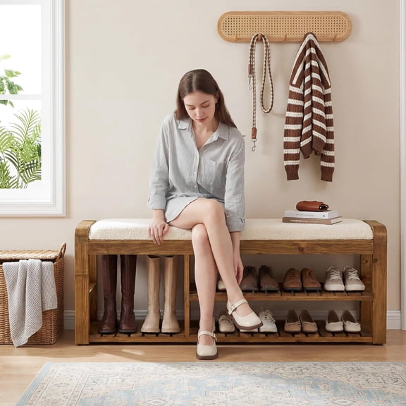 Finmind 55" Shoe Storage Bench with Removable Cushion, 2-Tier Farmhouse Wood Entryway Bench with Storage, Rustic Brown