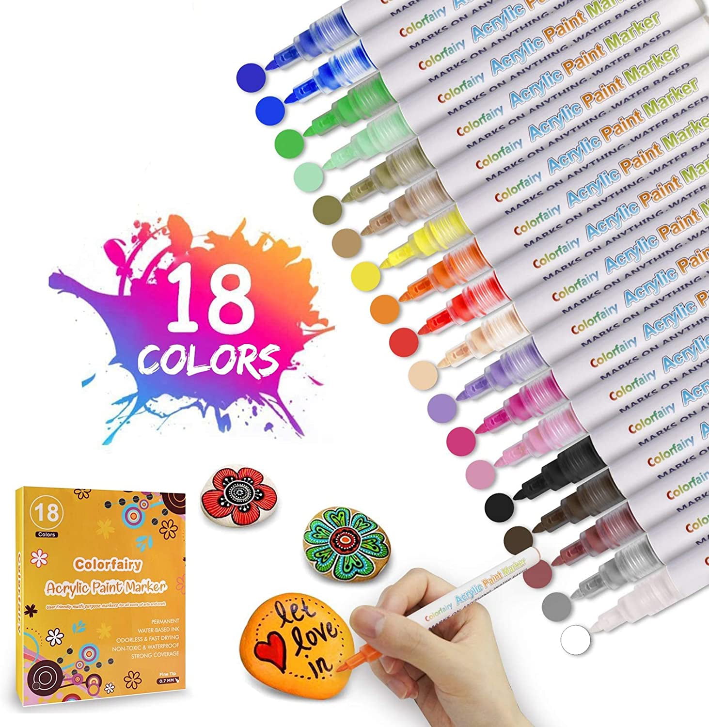 Wood Non Toxic Canva Ceramic,Glass Acrylic Paint Pens 18 Colors Permanent Paint Art Markers Waterbased Pen Set for Stone Quick Drying 0.7mm Fine Tip for Rock Painting Kit or DIY Projects 