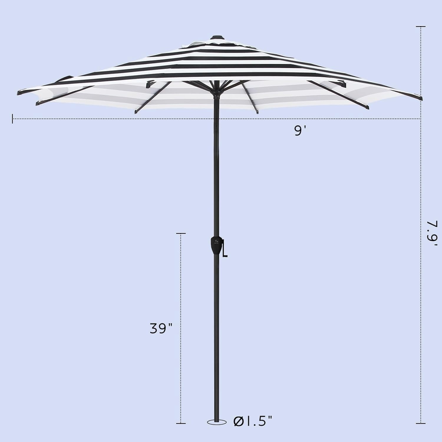 Abba Patio 9ft Outdoor Patio Umbrella w/ Push Button Tilt and Crank, 8 Ribs, Black & White Stripe