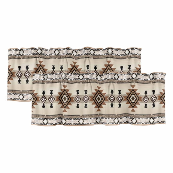 Southwest Curtain Valances for Windows, Kitchen Valance Window Treatments Panel 2 Pack, Brown Bohemian Abstract American Aztec Rod Pocket Short Curtains for Bathroom Bedroom 42 x 12 Inch