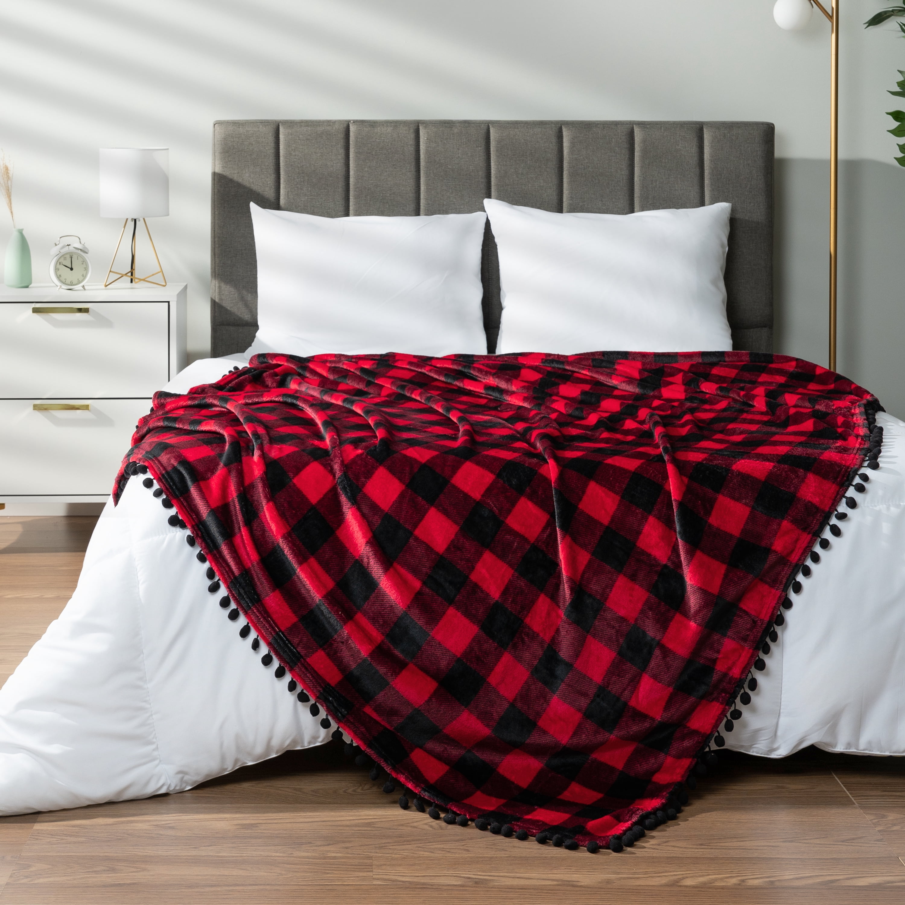 PAVILIA Black Red Fleece Throw Blanket for Couch with Pom Pom Fringe, Buffalo Checkered Plaid, Soft Cozy Fuzzy Flannel Blanket for Sofa Bed, Large Lightweight Plush All Season Throw, 60x80 Inches