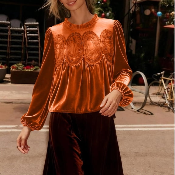 Womens Dressy Lace Tops Velvet Embroidered Pleated Blouses Crop Babydoll Shirt Long Sleeve Fall Clothes (XL, Orange)