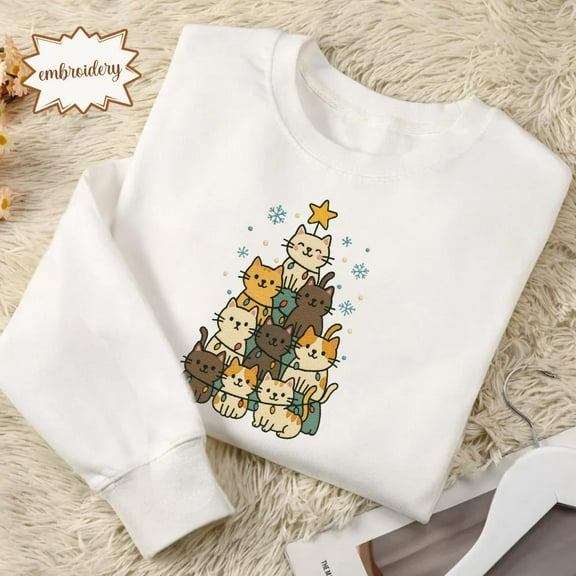 Meowy Christmas Embroidered Shirt, Cat Lover Xmas Embroidery Sweatshirt, Christmas Cat Mom Stitch Tee, Catmas Holiday Gift Crewneck