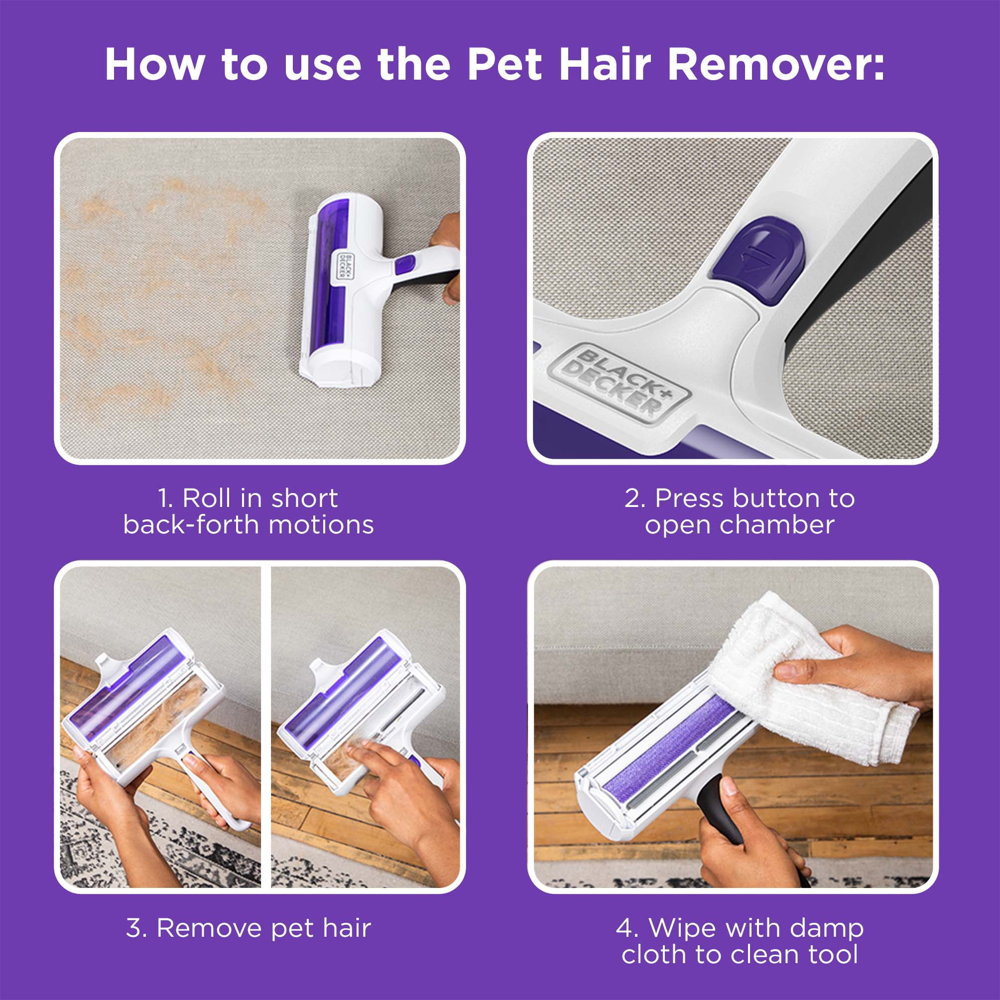 BLACK+DECKER Reusable Pet Hair & Fur Lint Roller & Remover – Fabric, Furniture, Car Seat Cleaning Tool, HMSCT0001