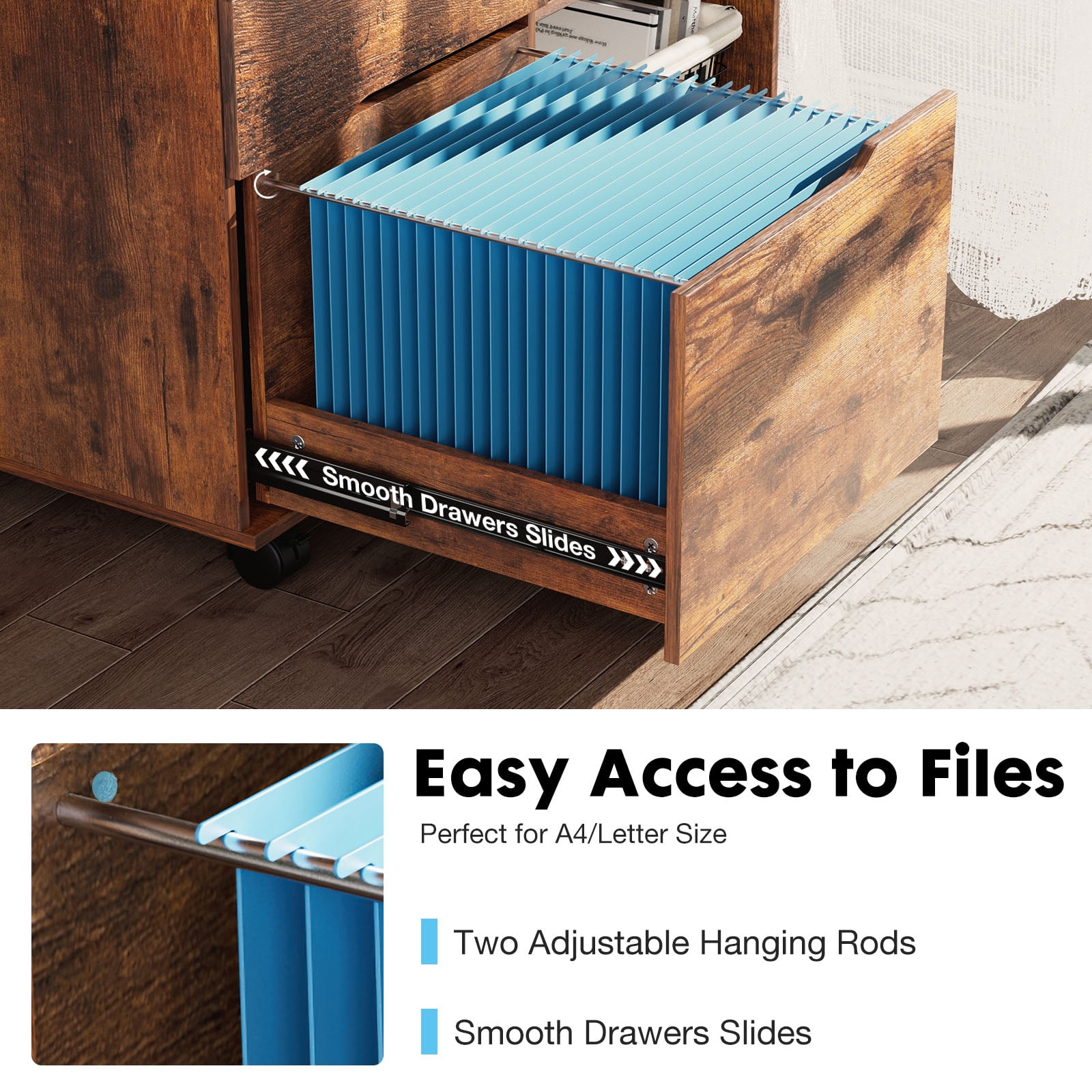 JIOABL 3-Drawer File Cabinet, Lateral Mobile Filing Cabinet Wood Storage Organizer with Wheels, Printer Stand & Open Shelves for Home Office, Rust