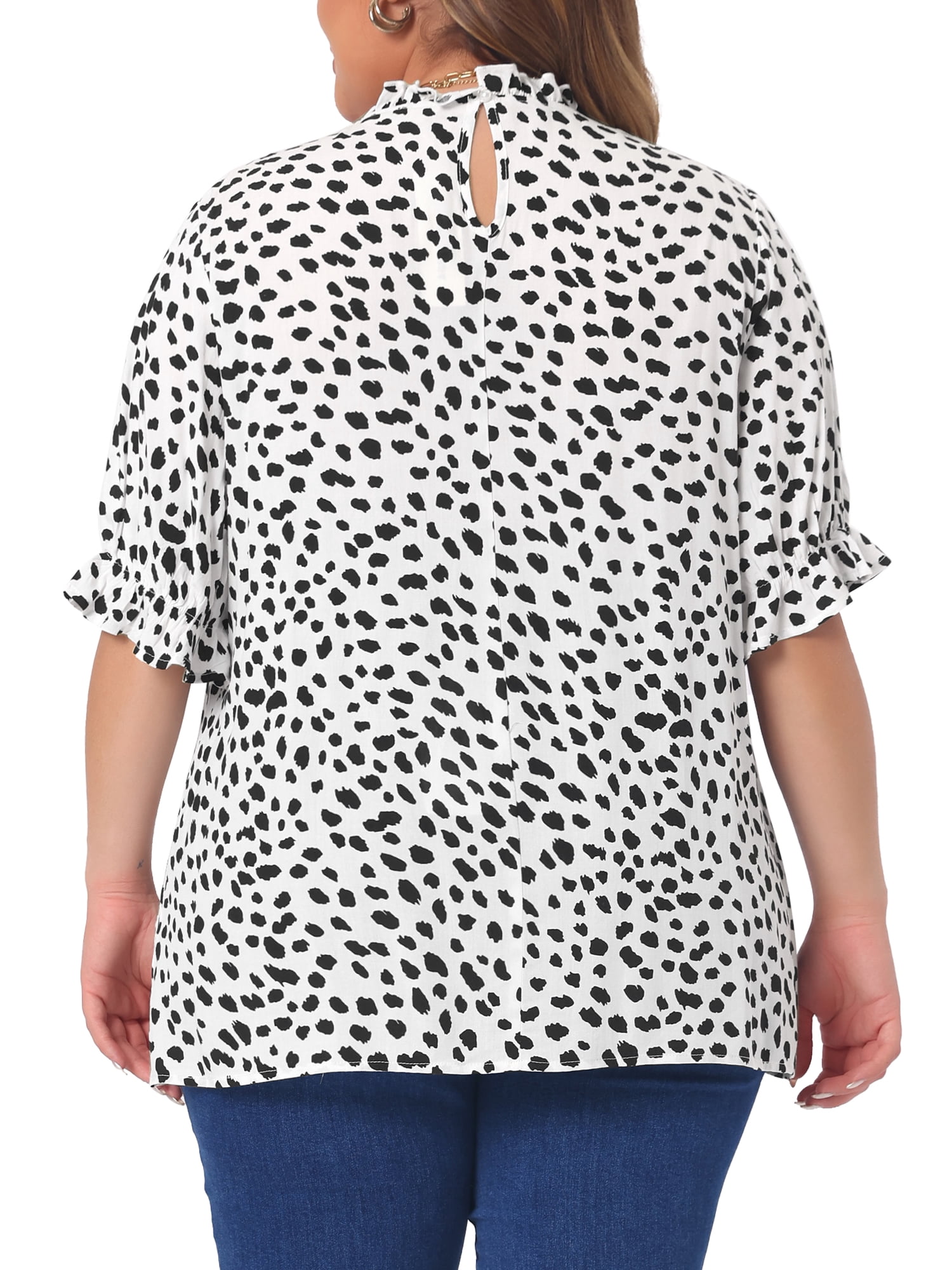 DARING DIVA Women's Plus Polka Dots Print Ruffle Hem Mock Neck Blouse 2X White