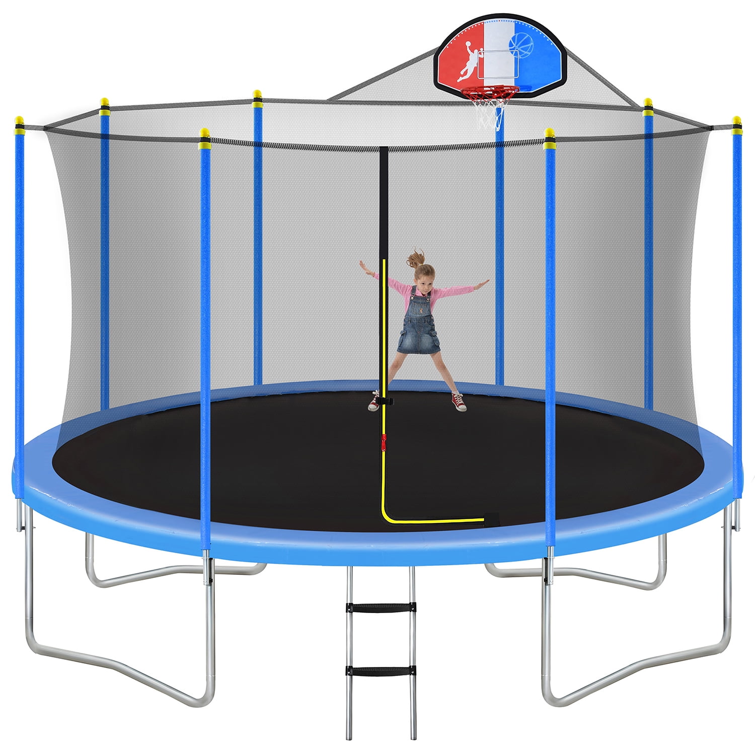 Kadyn Jumping Trampoline, 14FT Mini Small Trampolines with Safety Enclosure Net, Basketball Hoop and Ladder, Metal Small Toddler Trampoline for Kids, Blue Kadyn Jumping Trampoline, 14FT Mini Small Trampolines with Safety Enclosure Net, Basketball Hoop and Ladder, Metal Small Toddler Trampoline for Kids, Blue