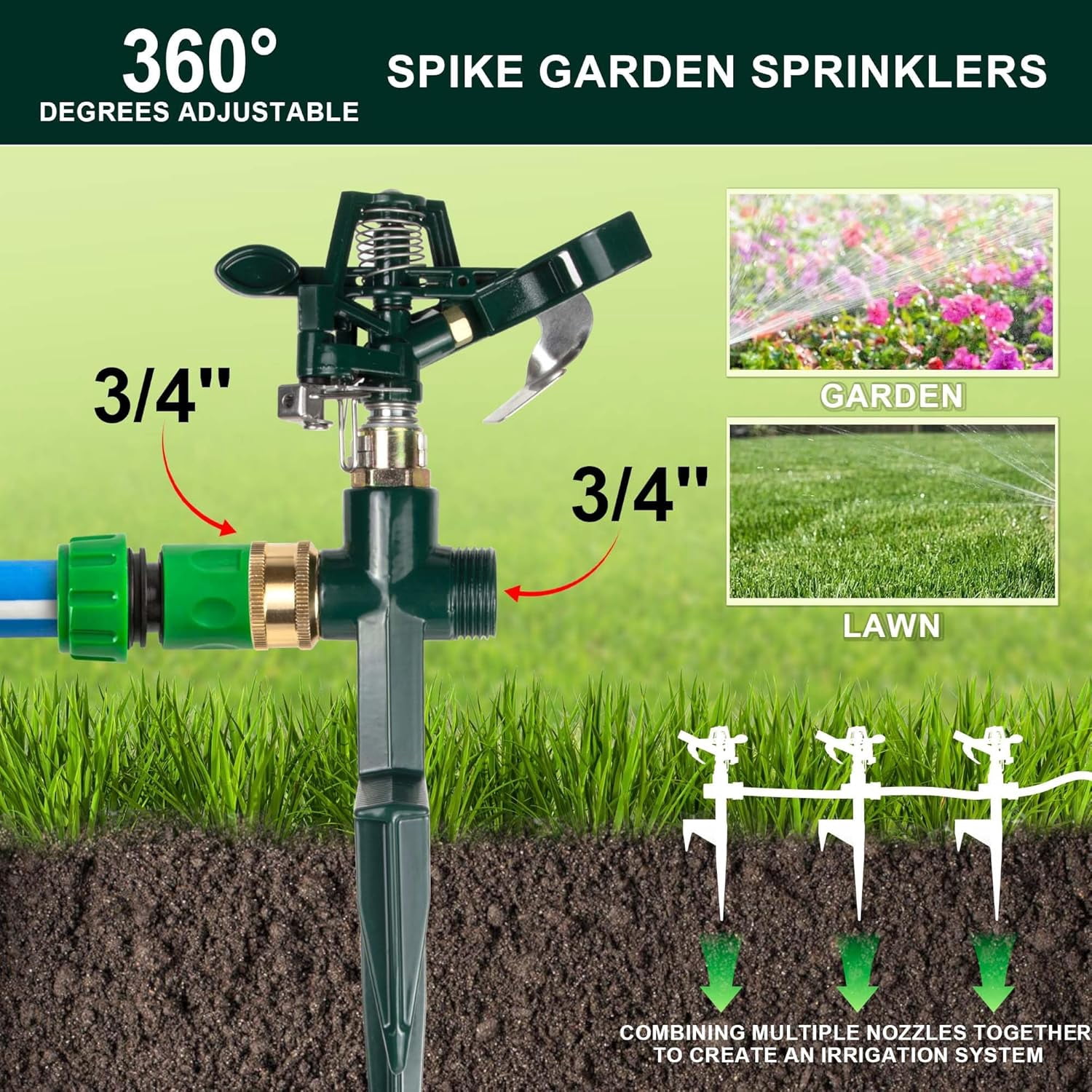 2 Packs Spike Sprinklers for Yard, Impact Sprinkler on Metal Step Base, Adjustable Zinc Alloy Water 360 Degree Large Area Yard Garden Lawn Irrigation