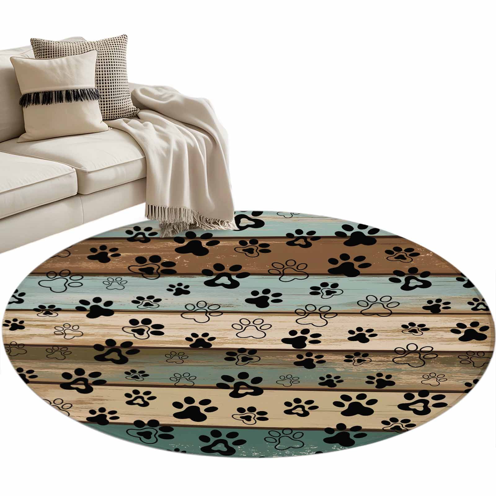 Dog Paws Printed Round Rugs 3ft, Vintage Teal Brown Wooden Farmhouse Non Slip Washable Rug Runner, Low Pile Indoor Floor Carpet Mat Bathroom Rugs for Living Room, Bedroom, Kids Room