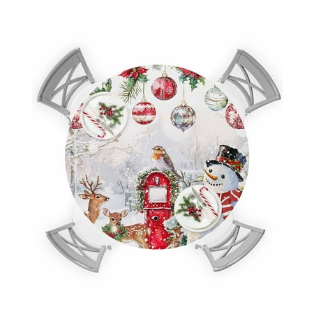 

Round Tablecloth with Elastic Christmas Xmas Tree Snowman Deer Balls Poinsettia Waterproof Table Cover Wipeable Fitted Table Cloths for 36 -44 Round Tables Dining Kitchen Indoor Outdoor Use