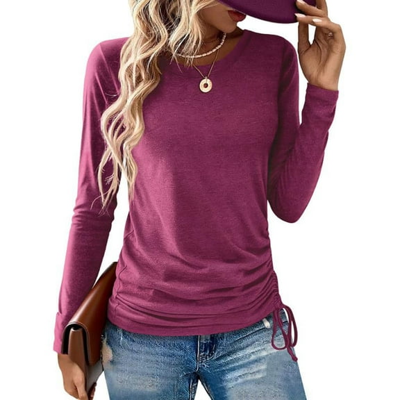 JGGSPWM Womens Long Sleeve Shirts Solid Color Crewneck Blouse Tops Loose Fit Stretch Casual Workout Basic Fall T-Shirts Pink XL