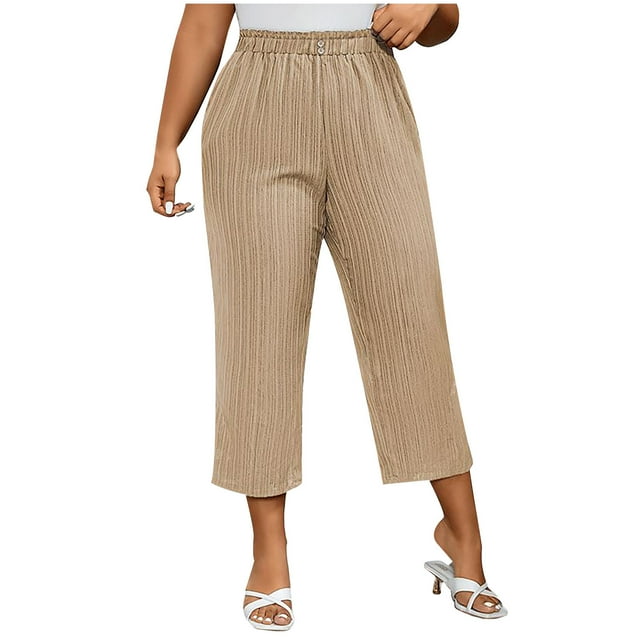 Chbgutlmr Womens Pants Button Elastic High Waist Plus Size Loose Lightweight Cropped Trousers with Pockets