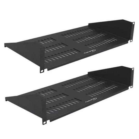 19 in. Wide 10 in. Deep Tray 50 lbs 2U Steel Rack Mount Vented Shelf, Black - Pack of 2