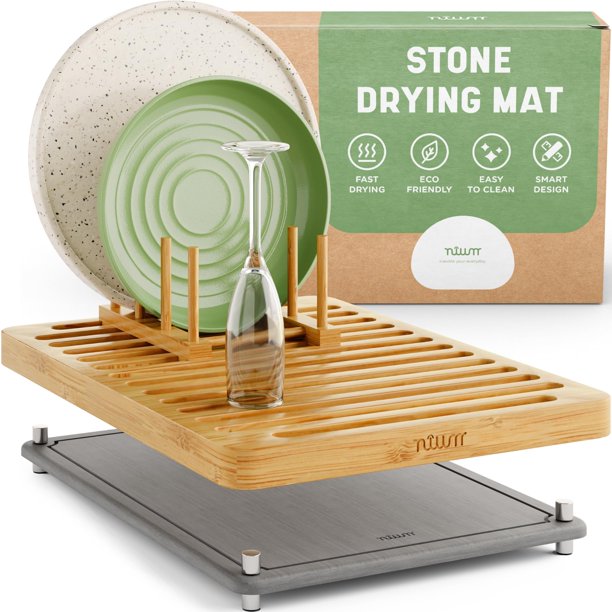Alfombrilla para secar platos Nium Stone para encimera de cocina con estante de bambú