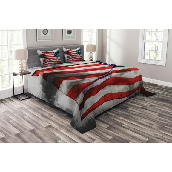Ambesonne American Flag Quilted Bedspread Set 3 Pcs, Banner in Sky, King Size, Grey Red Blue