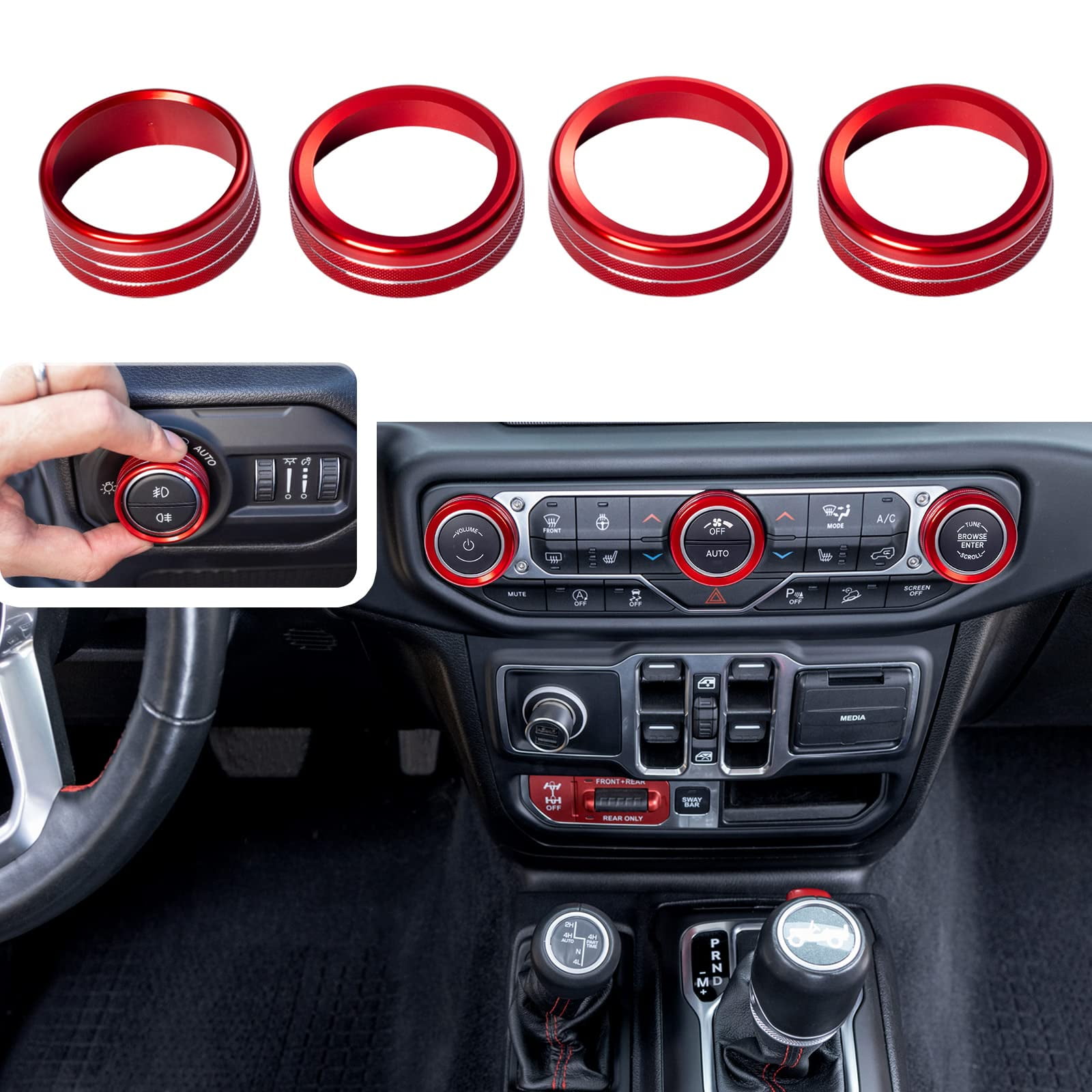 JKCOVER Knobs Ring Covers Compatible with 2018-2023 Jeep Wrangler JL JLU &  2020-2023 Jeep Gladiator JT, Aluminum Alloy Trim Cover for Air Conditioner Volume  Radio Headlight Switch Knob(4PCS, 