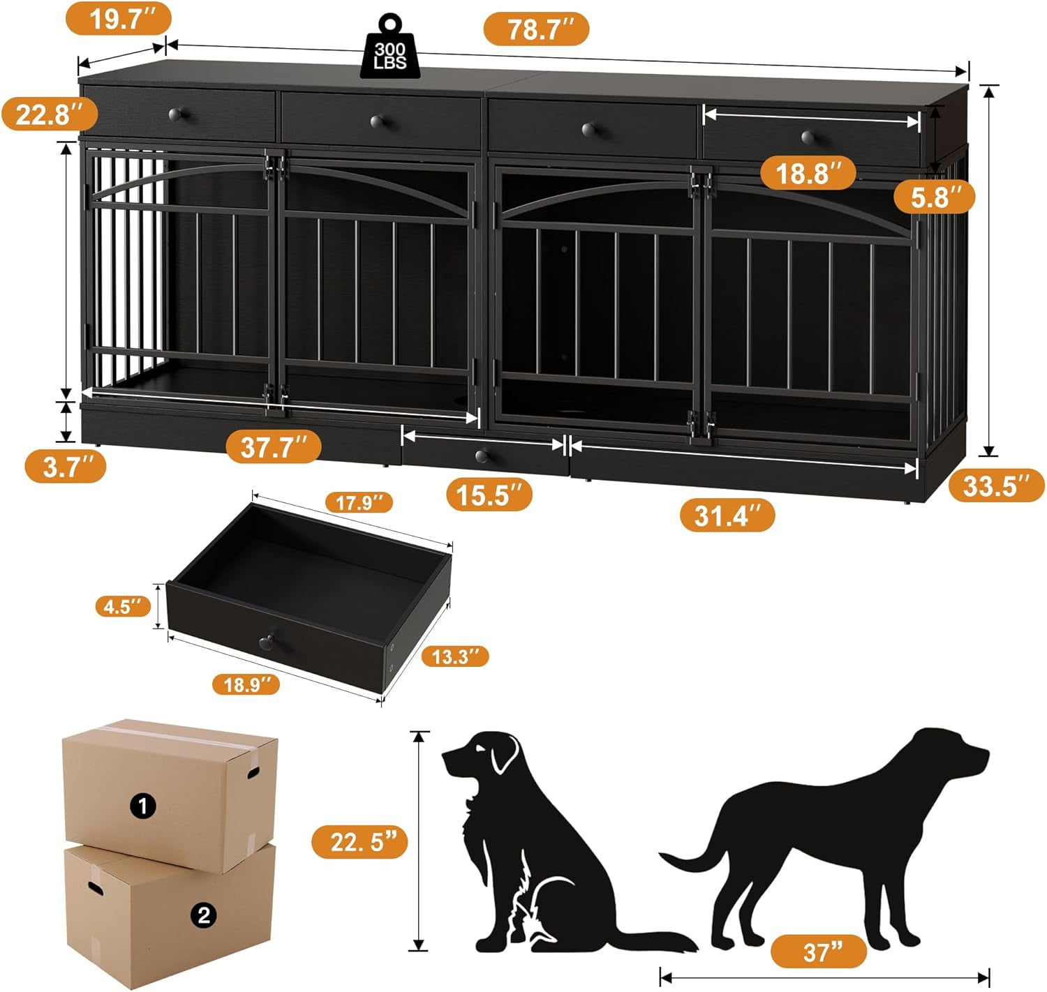 IdealHouse Double Dog Crate Furniture for 2 Dogs, Indoor Pet Kennel TV Stand with 4 Storage Drawers & Feeding Bowls, for Small/Medium Dogs, Black