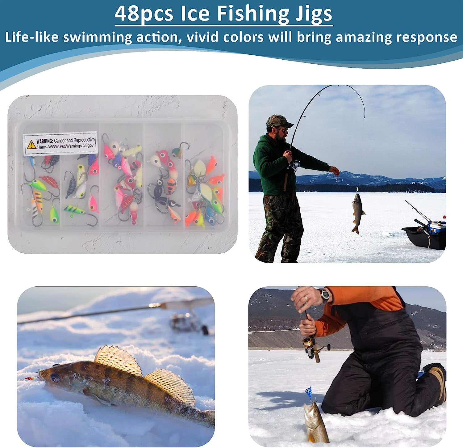 Ice Fishing Jigs Lures kit,48pcs Luminous Ice Fishing Gear Crappie Panfish  Jigs Head Fishing Hooks Set for Winter Ice Jigging Walleye Perch Bluegill 