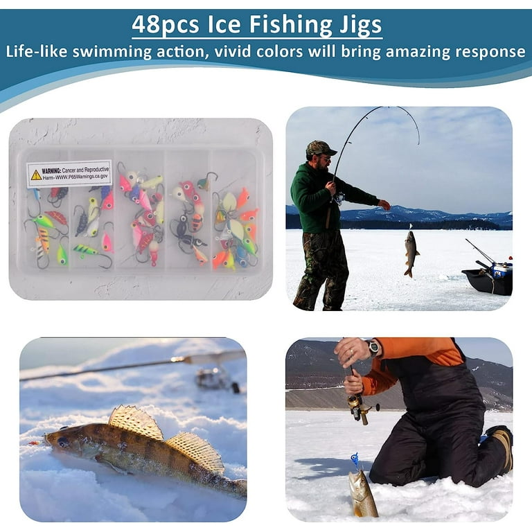 Ice Fishing Jigs Lures kit,48pcs Luminous Ice Fishing Gear Crappie Panfish  Jigs Head Fishing Hooks Set for Winter Ice Jigging Walleye Perch Bluegill 