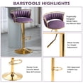 thumbnail image 2 of Velvet Swivel Bar Stools Set of 2 High Back Adjustable Bar Chairs with Golden Footrest for Kitchen Counter Square Island, Purple, 2 of 5