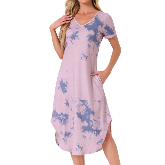 Camisón de mujer Inspire Chic con cuello en V, manga corta, vestido largo de lounge para primavera y verano con bolsillo, teñido en rosa