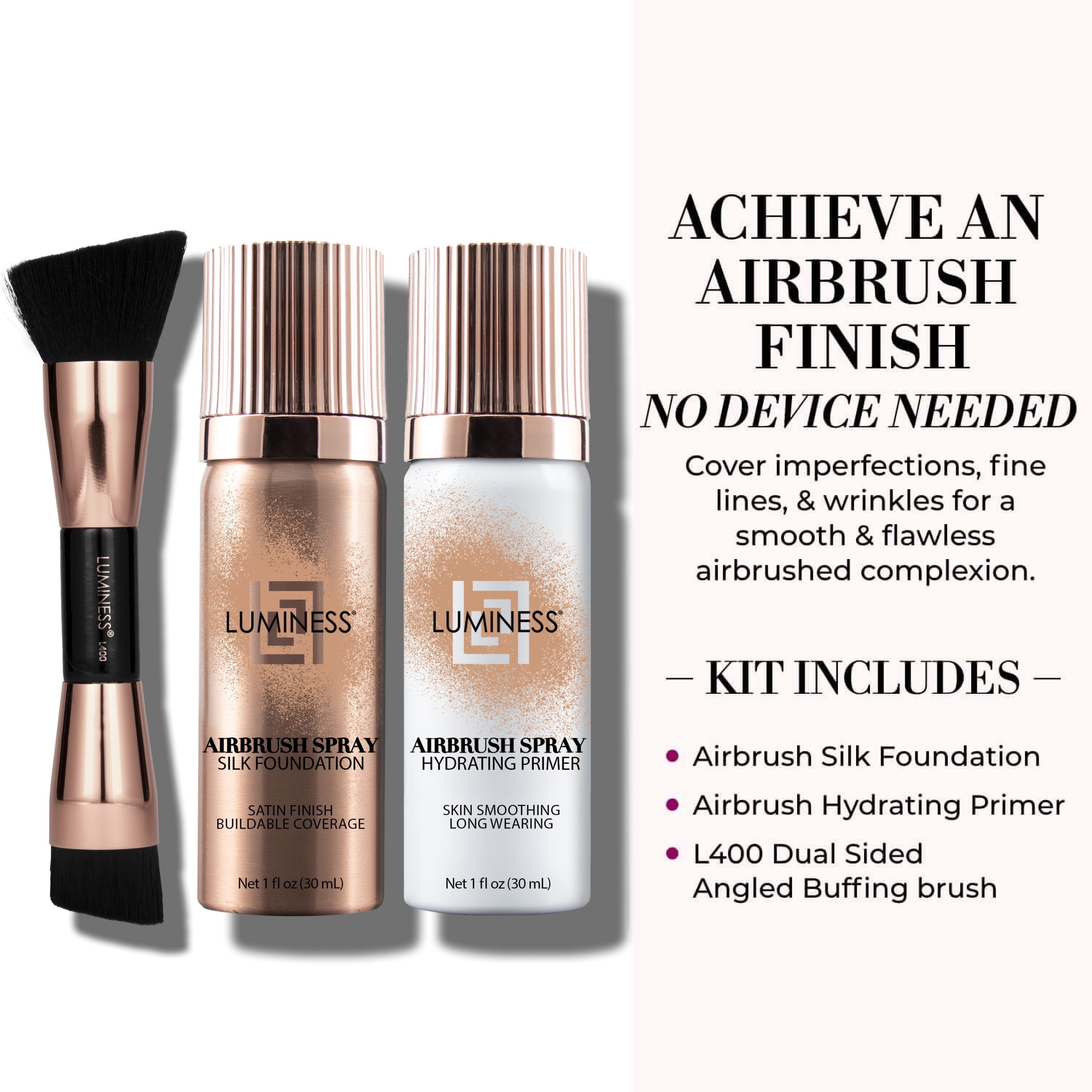 LUMINESS Silk Airbrush Spray Foundation 3-PC Kit - Foundation, Primer & Dual-Sided Makeup Brush - Buildable Coverage, Anti-Aging Formula, Hydrates & Moisturizes, 1 fl oz, Light Medium