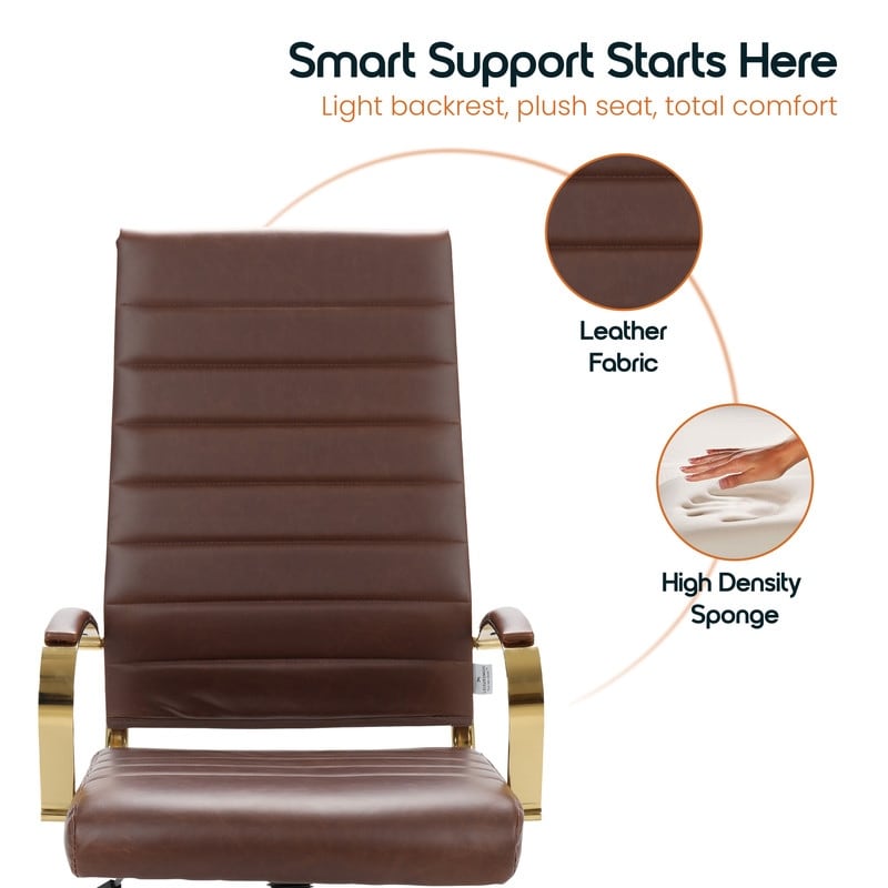 Benmar High-Back Dark Brown Leather Office Desk Chair Ergonomic Executive Chair with Adjustable Swivel, Gold Frame with Cushion Support & Silent Wheels for Home Office Workstations